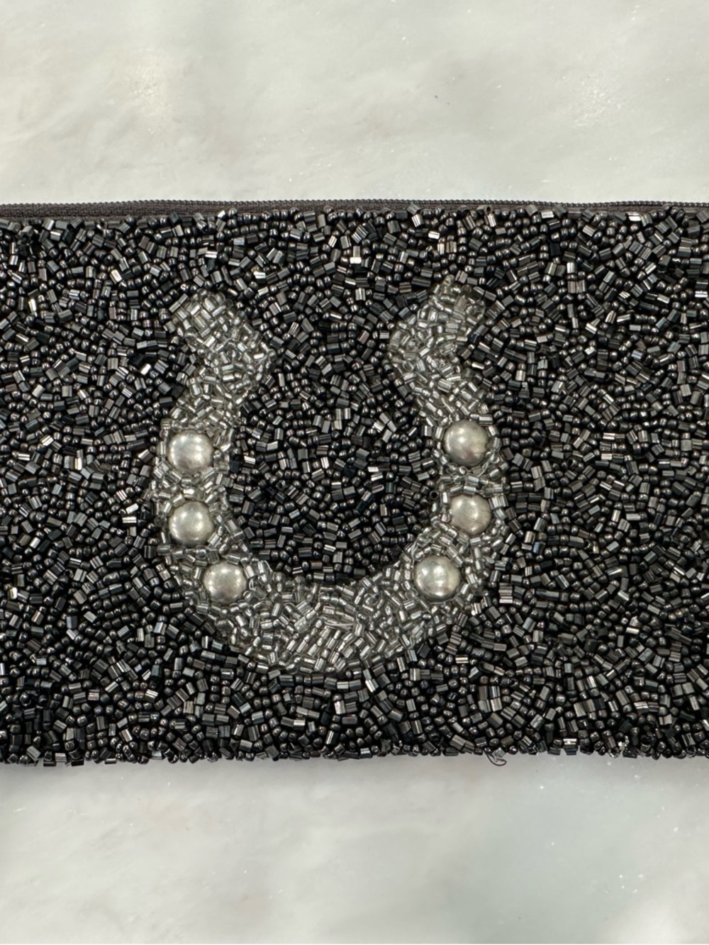 Beaded Steel Grey Evening Clutch with Silver Accent